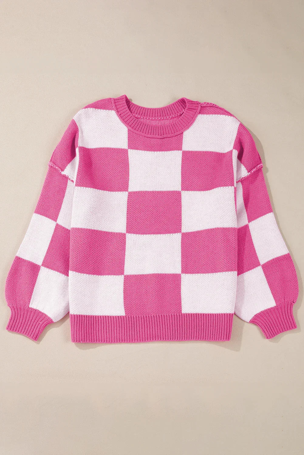 Dark Brown Plaid Bishop Sleeve Pullover Sweater