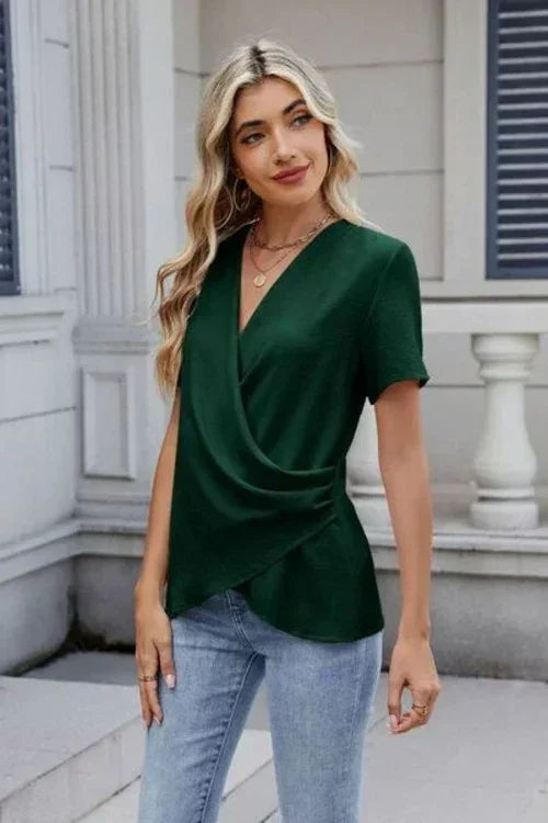 Out of State - Solid Color Surplice Short Sleeve Blouse