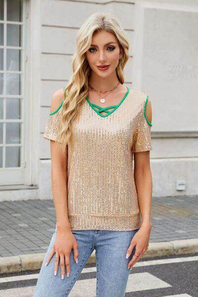 Sequin Crisscross V-Neck Cold Shoulder Blouse for Women