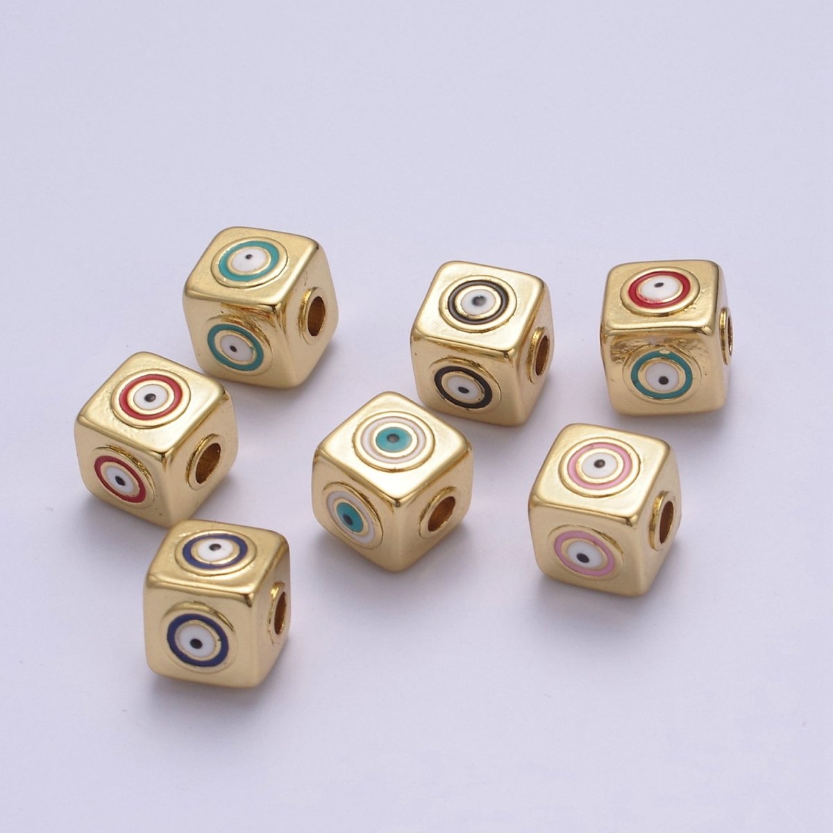 9mm Evil eye Cube charm Beads, Square Spacer Beads on Four Sides, Turkish Evil Eye, Gold bead Spacer Lucky Symbol Cube Bead B-774 to B-779