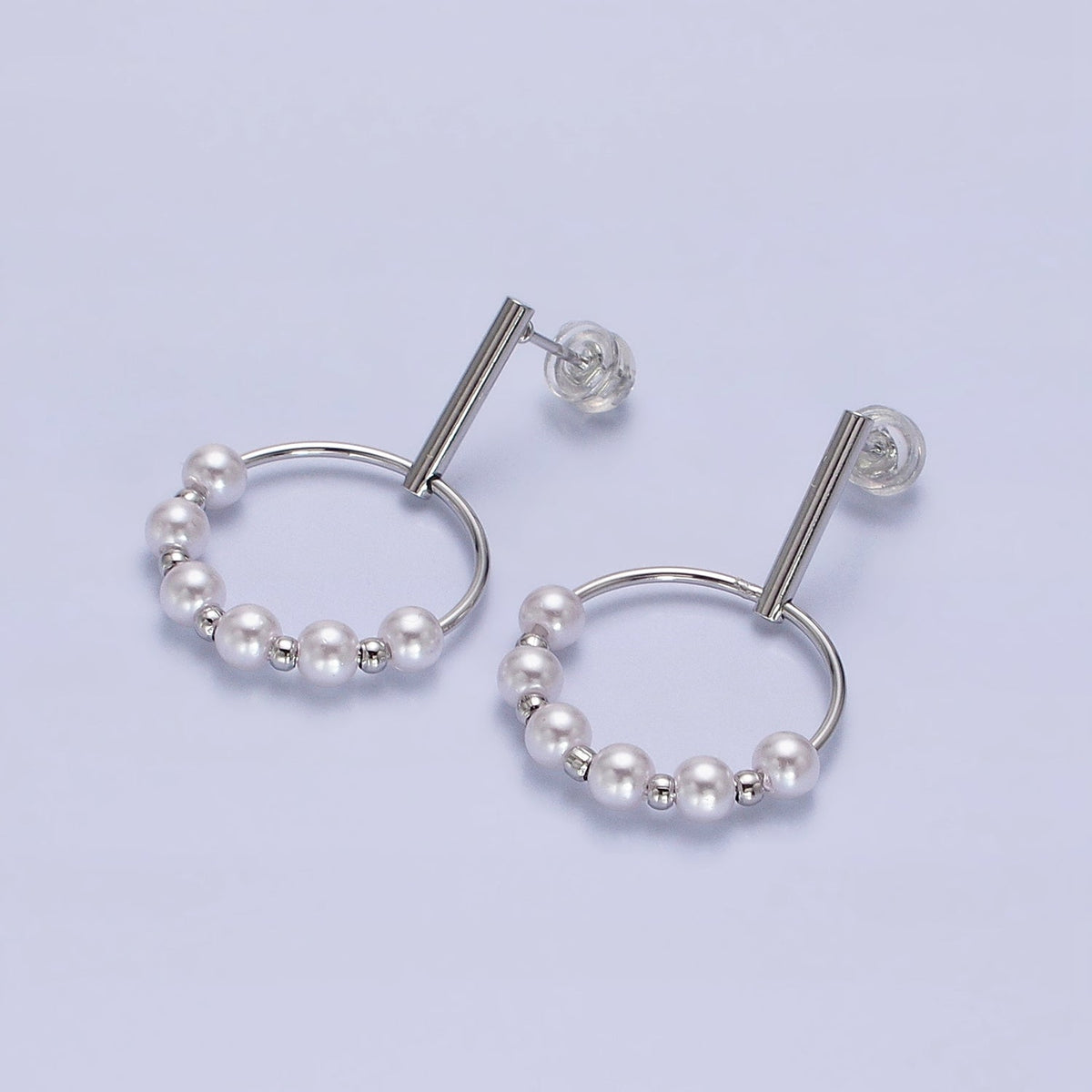 Silver, Gold Round Shell Pearl Bead Circular Drop Linear Stud Earrings | AB1098 AD784
