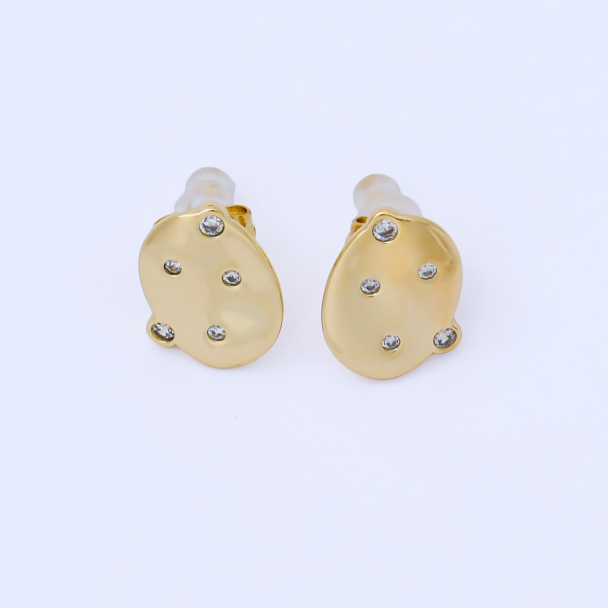 24K Gold Filled 15mm Clear CZ Dotted Hammered Oval Stud Earrings | AB1642