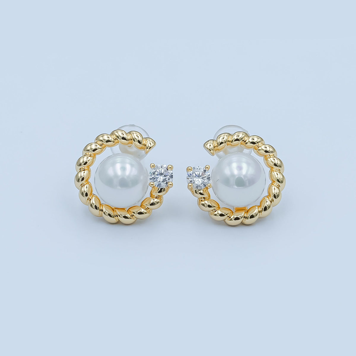 White Shell Pearl CZ Croissant C-Shaped Stud Earrings in Gold & Silver | AD1359 AD1360