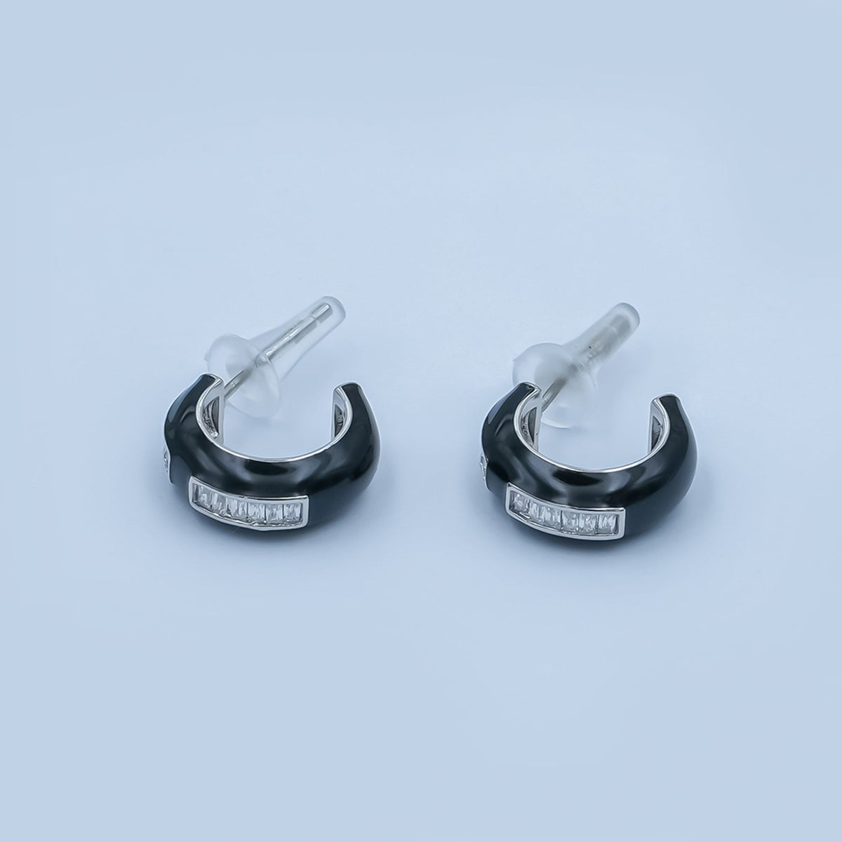 Black, White Enamel Baguette CZ C-Shaped Hoop Earrings in Gold & Silver | AE265 - AE73