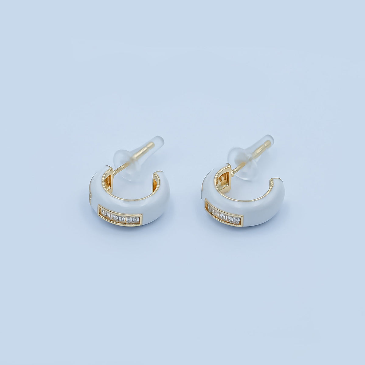 Black, White Enamel Baguette CZ C-Shaped Hoop Earrings in Gold & Silver | AE265 - AE73