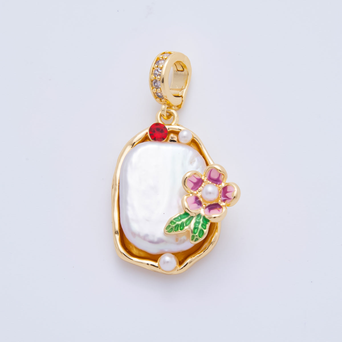 18K Gold Filled 34mm Freshwater Pearl Flower Micro Paved CZ Drop Rondelle Pendant | AH817