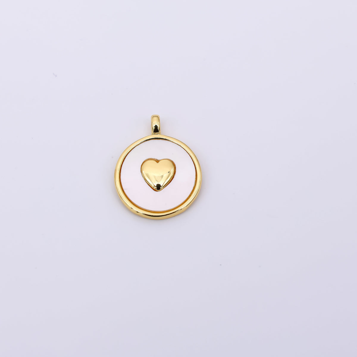 24K Gold Filled 20mm Heart Shell Pearl Round Mini Charm | AH566