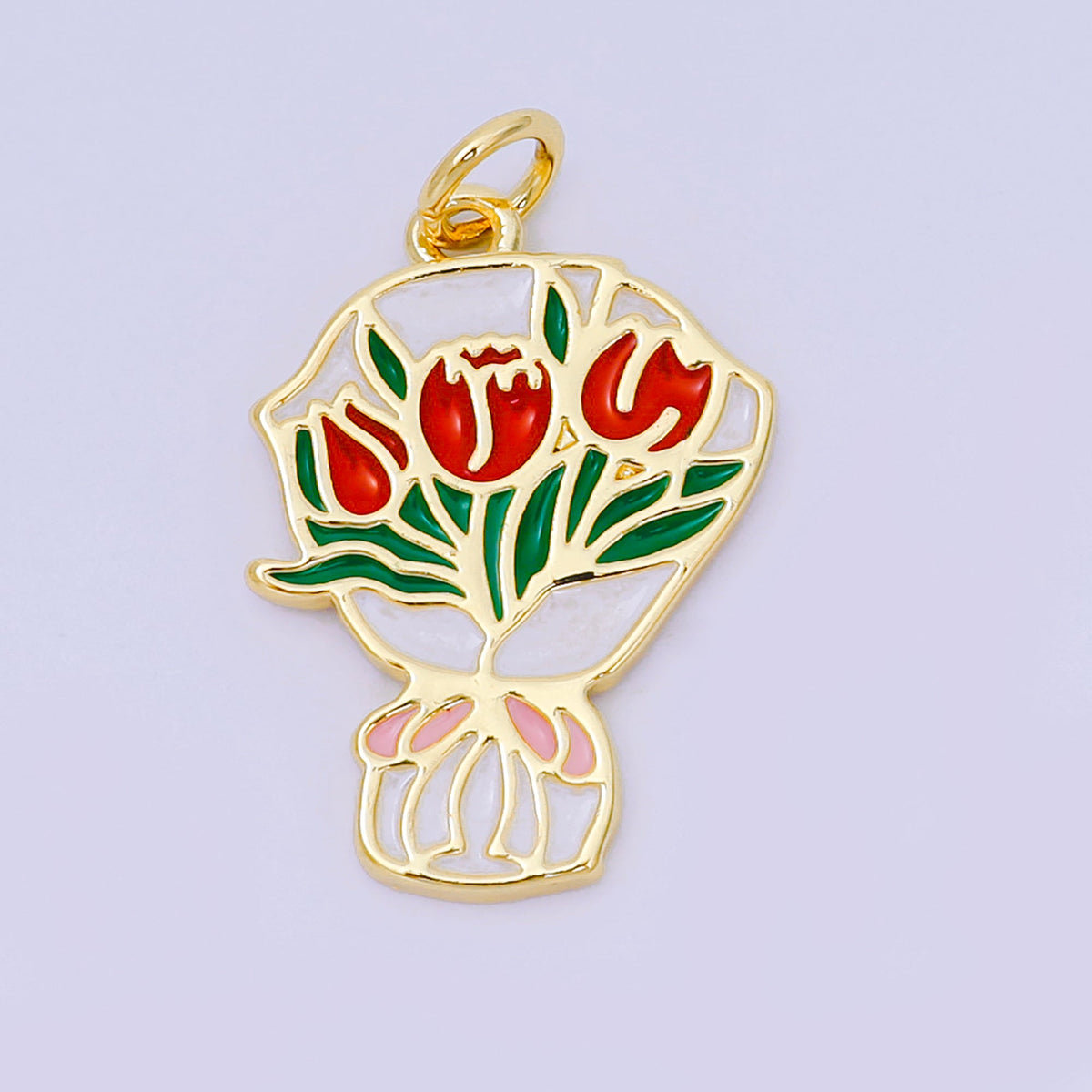 24K Gold Filled 15mm Red Rose Flower Bouquet Enamel Charm | AH642