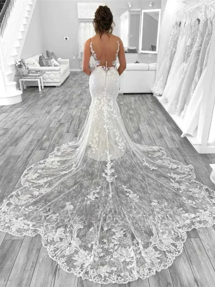 Boho Mermaid Wedding Dresses for Women Open Back V-Neck Lace Spaghetti Strap Bridal Gown Vestidos De Novia Customized