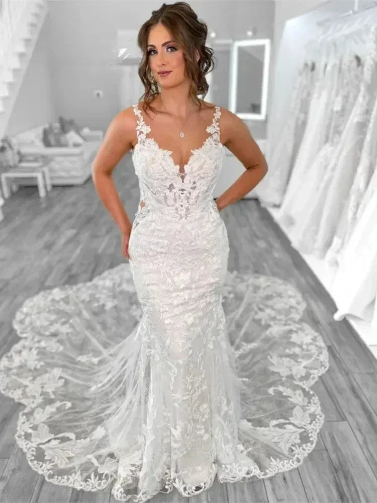 Boho Mermaid Wedding Dresses for Women Open Back V-Neck Lace Spaghetti Strap Bridal Gown Vestidos De Novia Customized