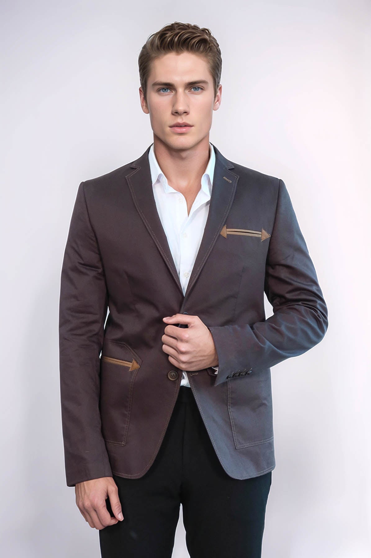 Double Button Mono Lapel Bag Pocket Cotton Brown Jacket-Wessi