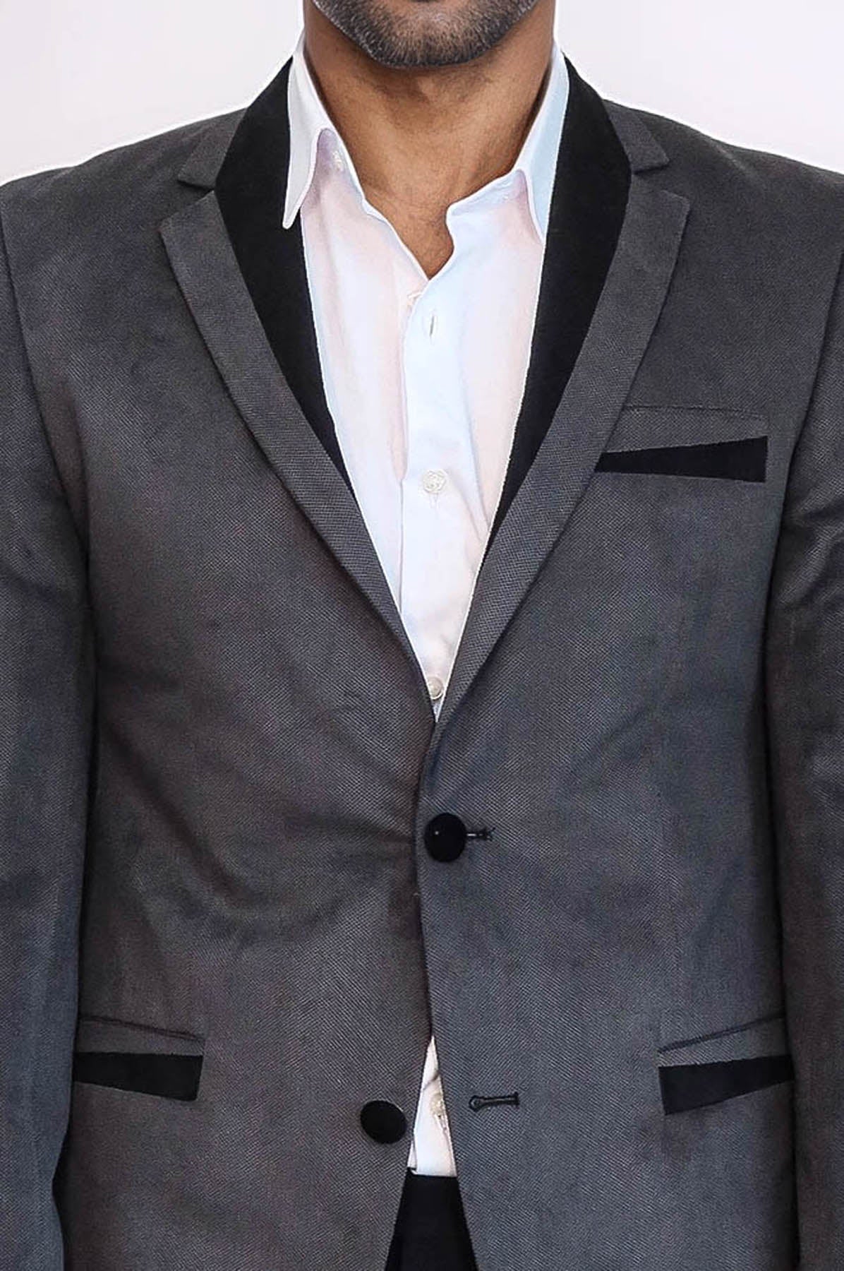 2 Buttons Pocket Piping Velvet Grey Jacket