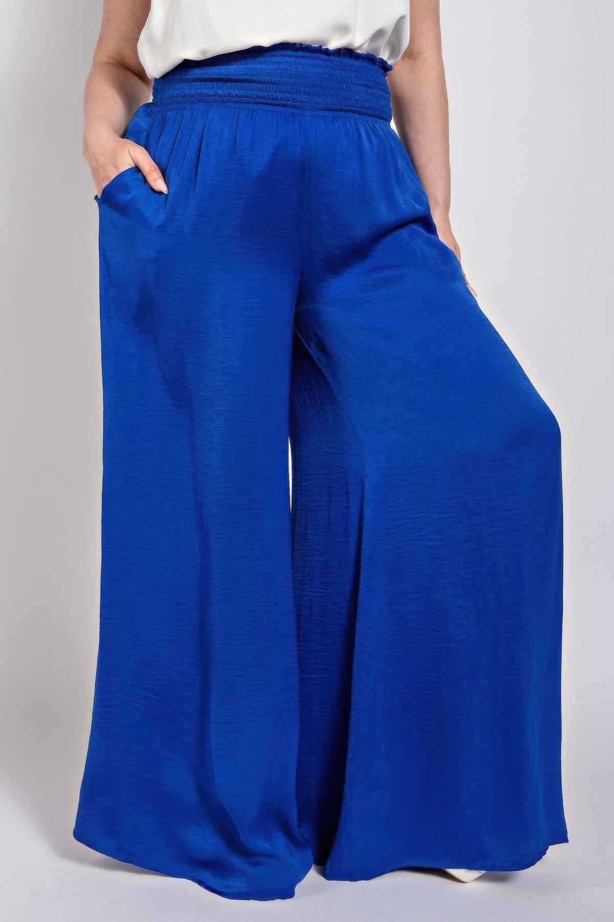 Washed Satin Wide Pants With Waist Smocked