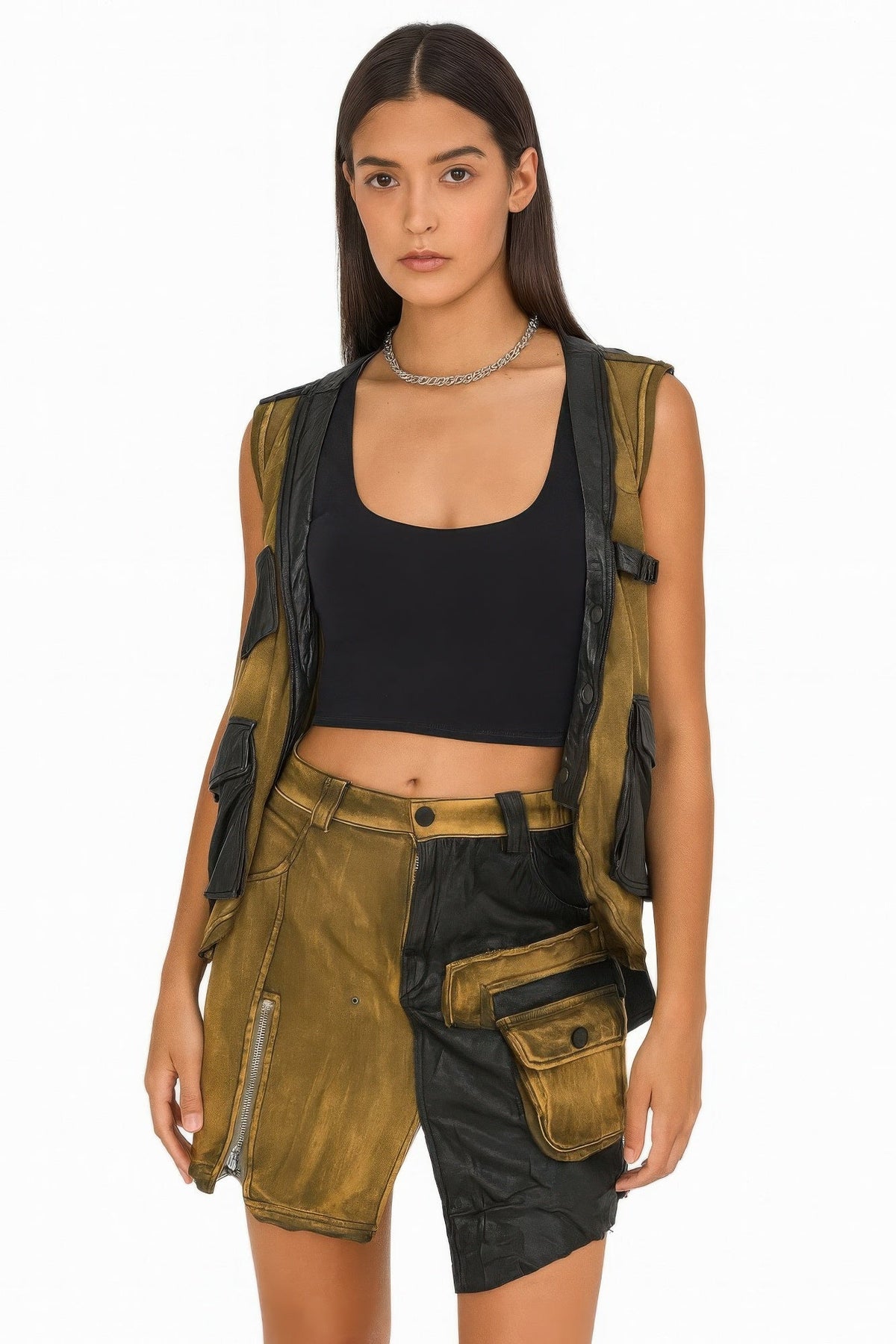 Denim And Faux Leather Two Piece Set