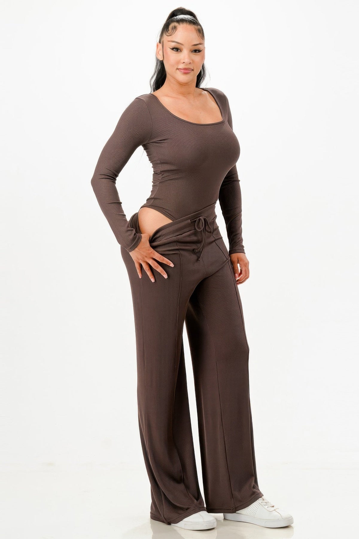 Long Sleeve Ribbed Bodysuit And Pants Set