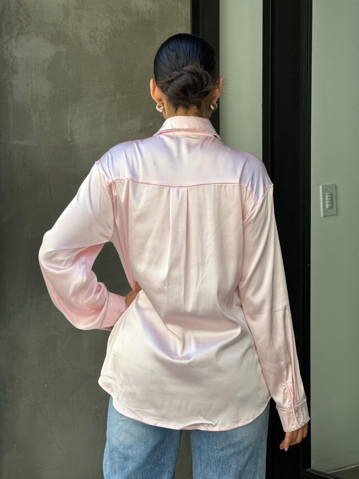 Rhinestone Diamond Lined Button Down Satin Blouse