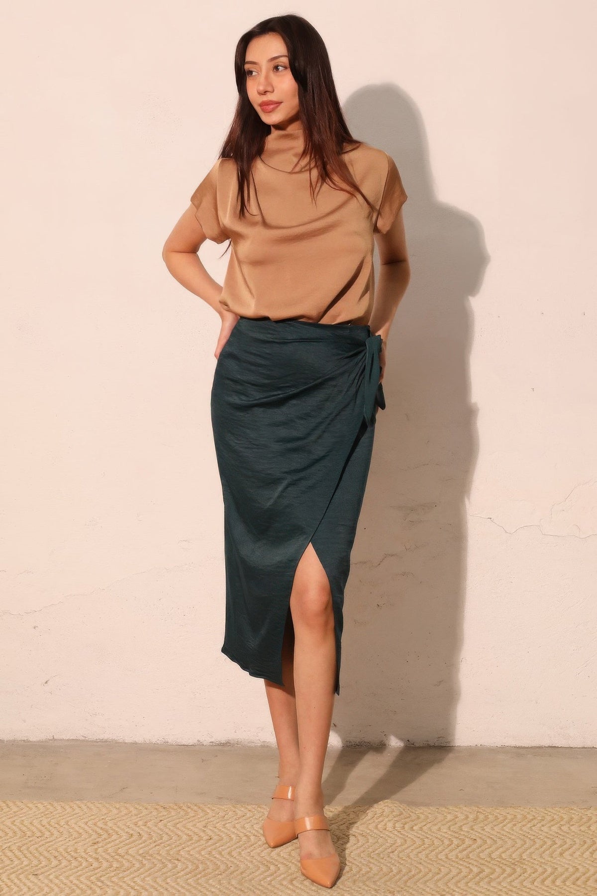 Washed Satin Crepe Side Wrap Midi Skirt