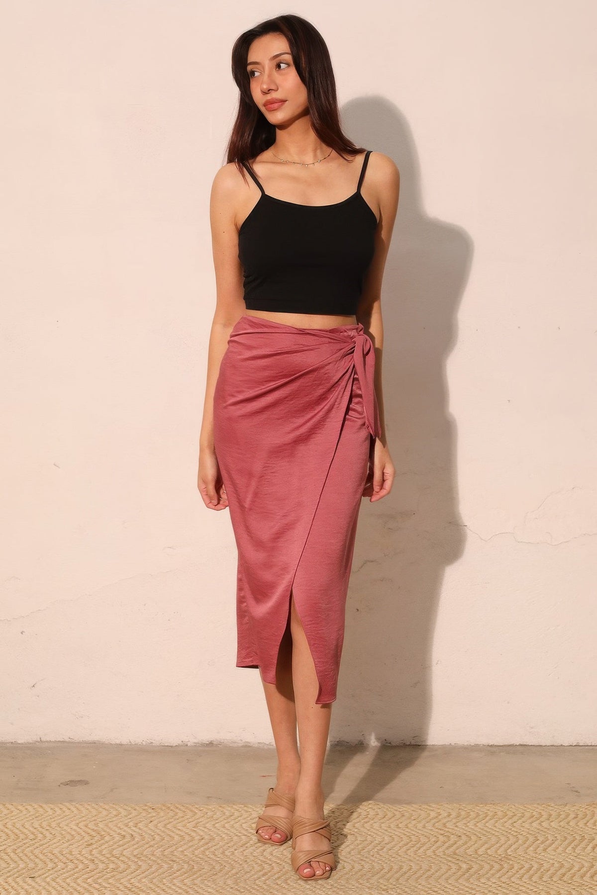 Washed Satin Crepe Side Wrap Midi Skirt