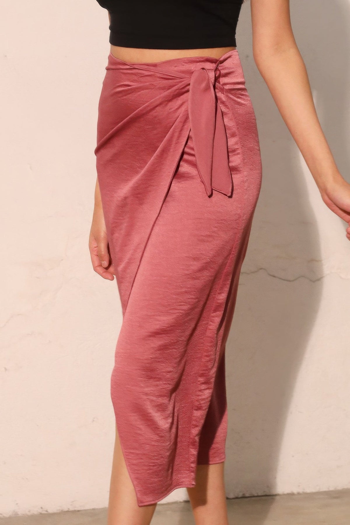 Washed Satin Crepe Side Wrap Midi Skirt