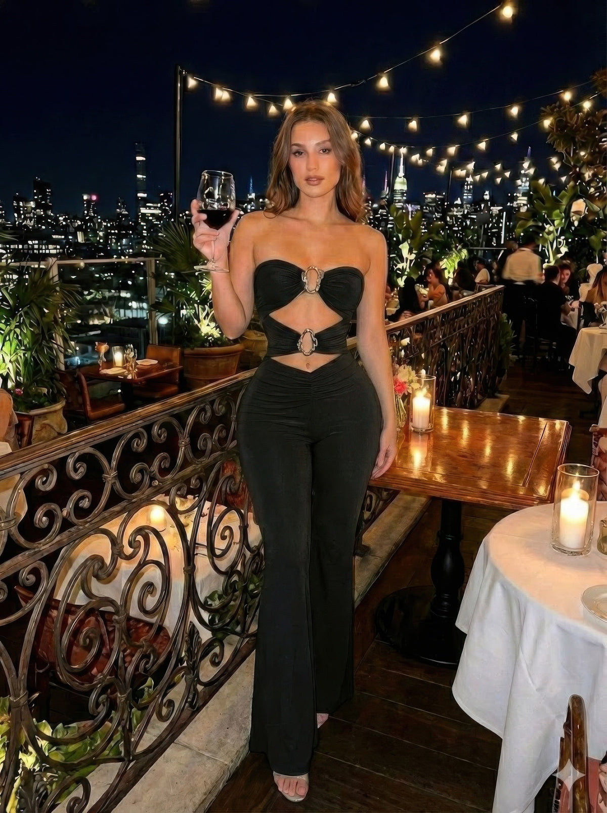 Cut-out,strapless Jumpsuit That Flares Out