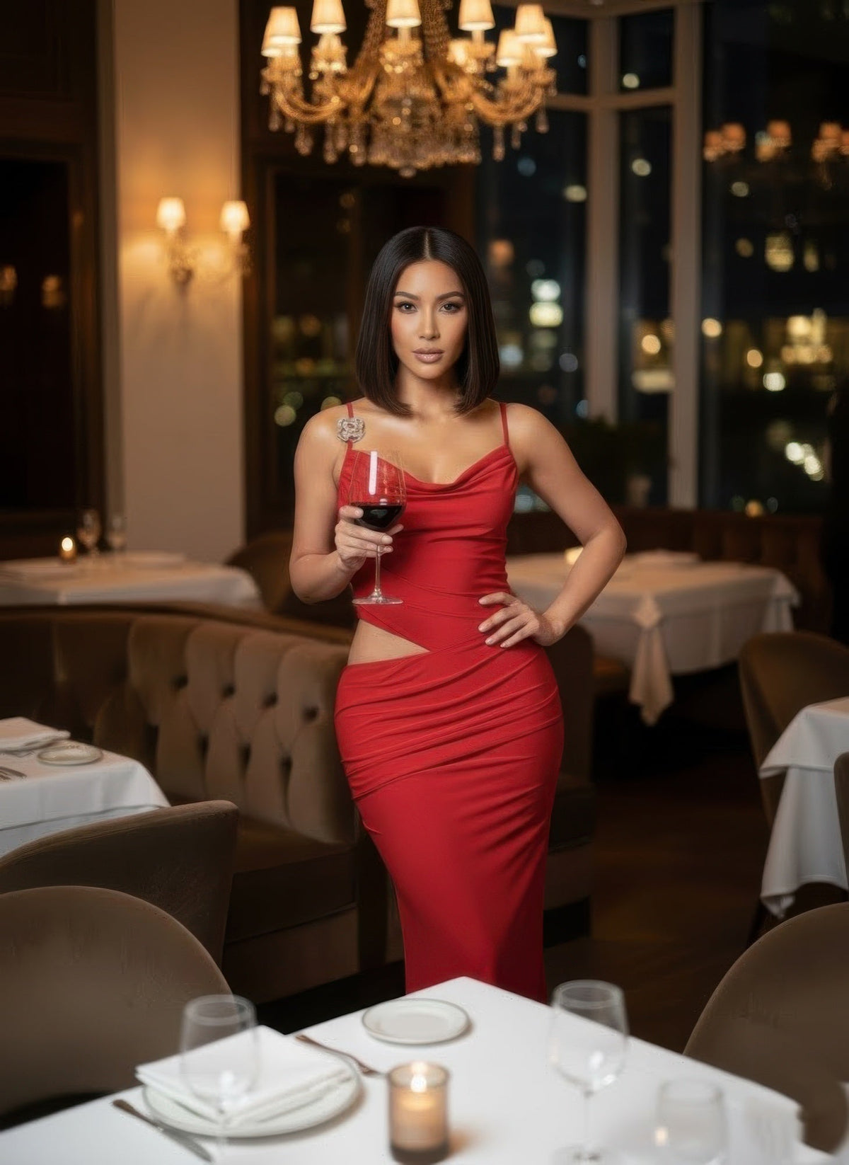 A Cowl Neckline Two-piece Illusion Maxi