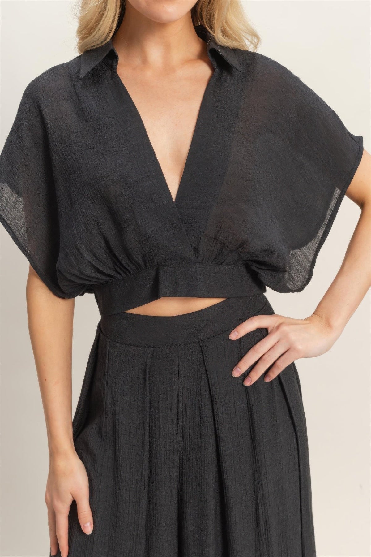 Collared Wrap Top & Wide-leg Pants Set