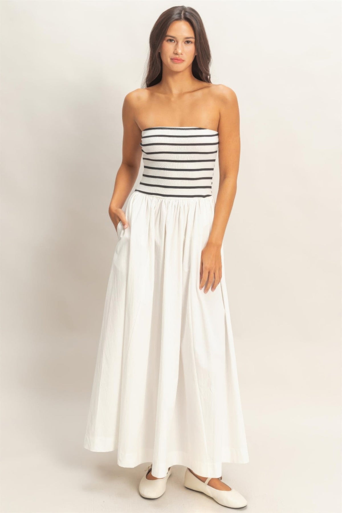 Striped Strapless Flowy Midi Dress