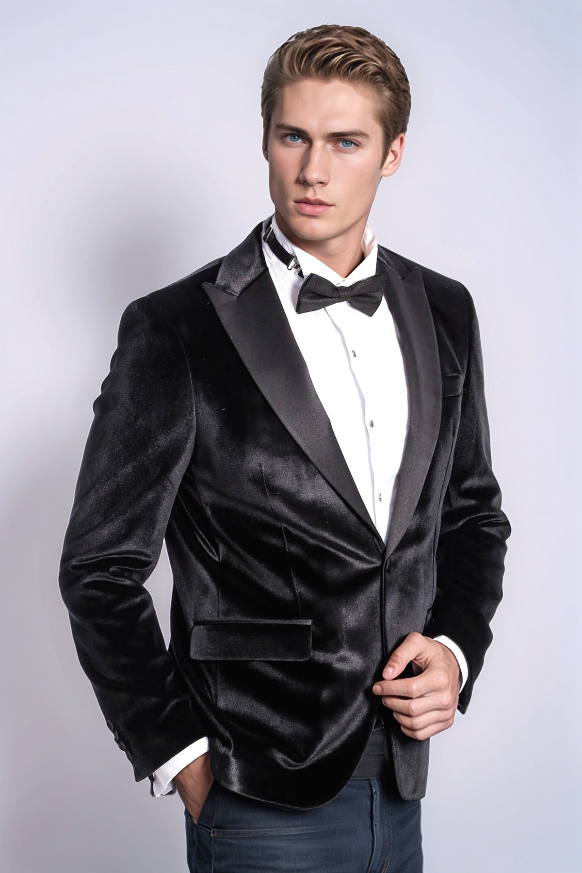 Velvet Slim Fit Black Men Tuxedo Jacket - Wessi
