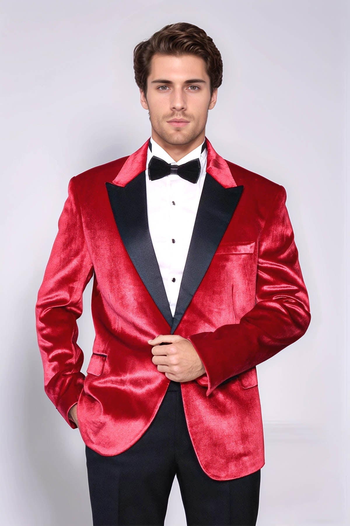 Peak Lapel Velvet Red Men Wedding Tuxedo Blazer - Wessi
