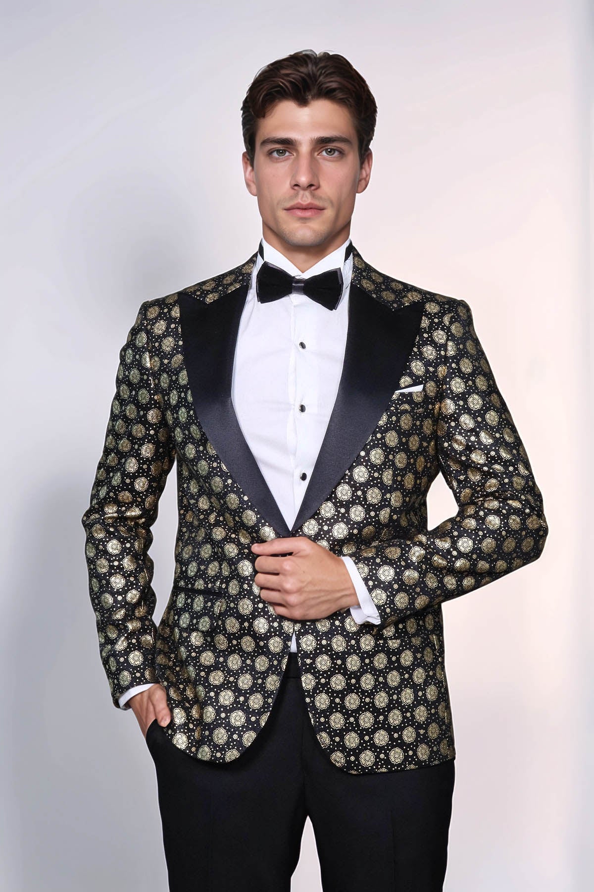 Floral Patterned Peak Lapel Black with Gold Embellished Dinner Jacket - Wessi