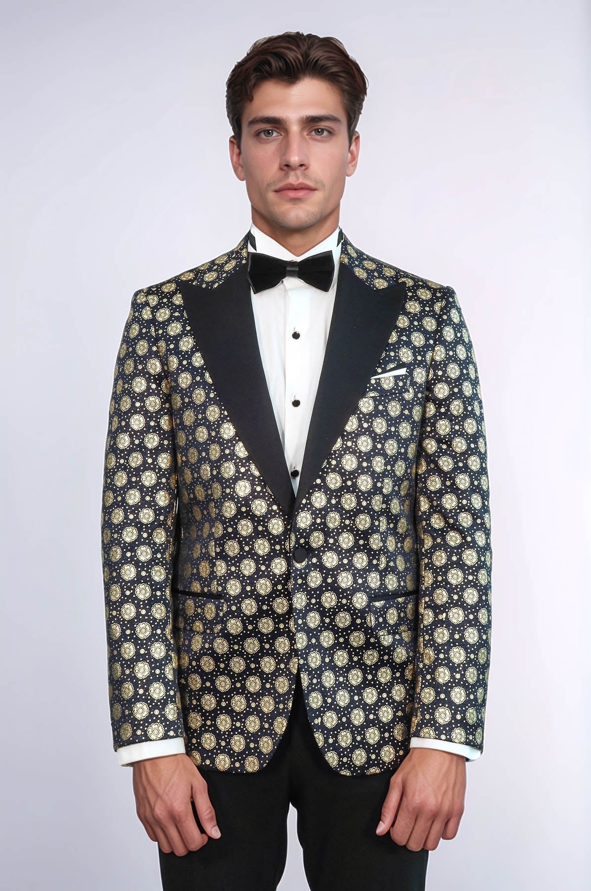 Floral Patterned Peak Lapel Navy Blue with Gold Embellished Dinner Jacket - Wessi