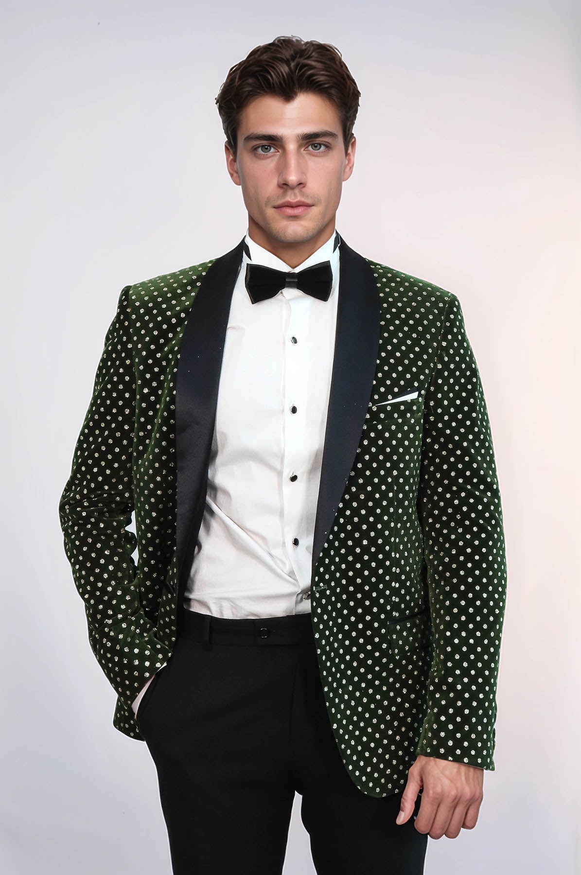 Dot Pattern Slim Fit Dark Green Men Wedding Groom Blazer - Wessi