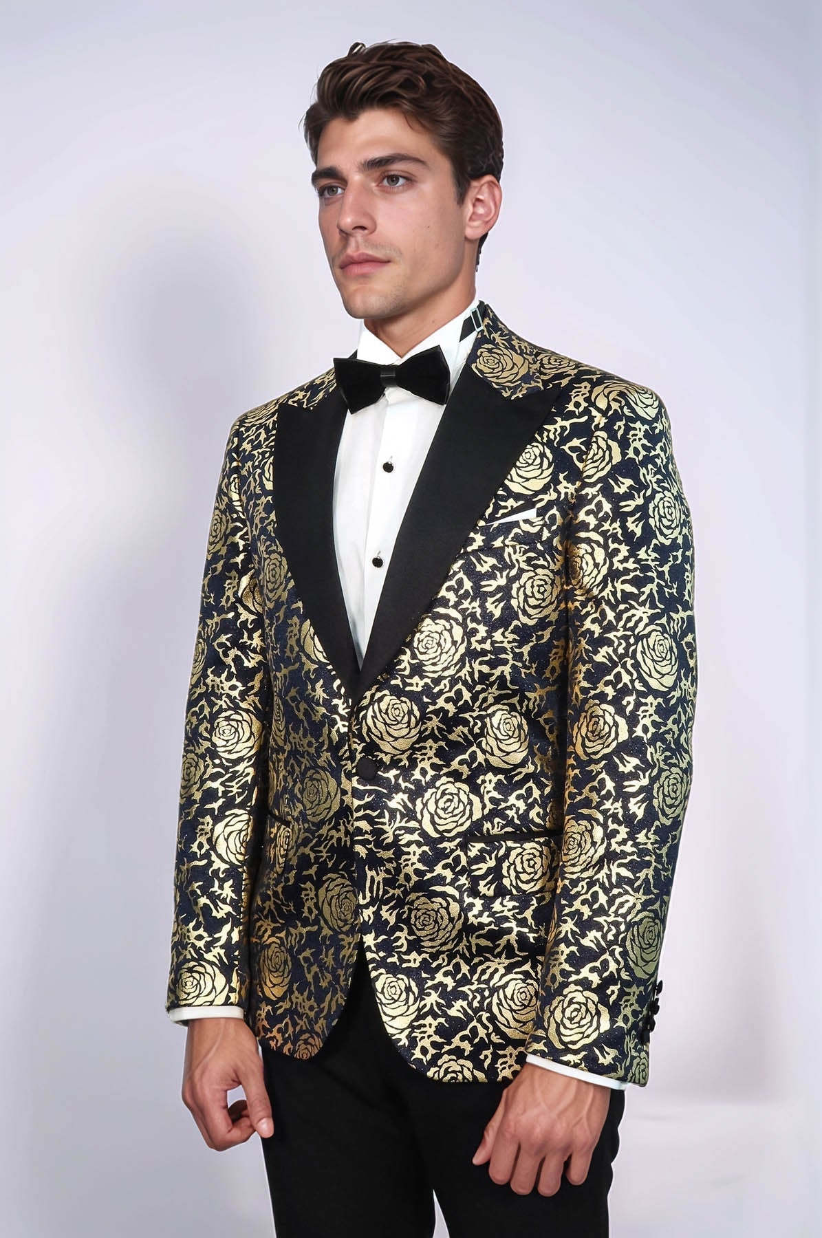 Gold Rose Patterned Slim Fit Navy Blue Men Party Blazer - Wessi