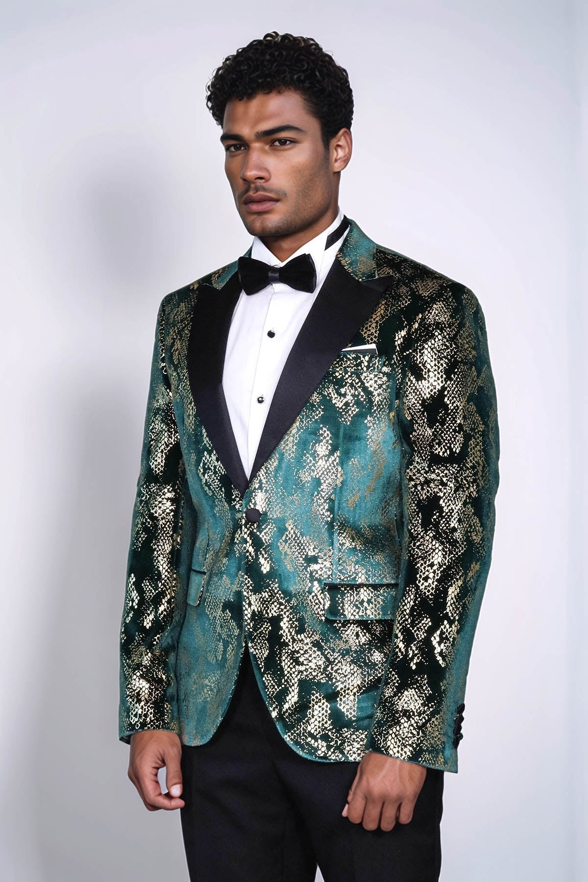 Peak Lapel Slim Fit Gold Patterned Green Men Prom Party Blazer