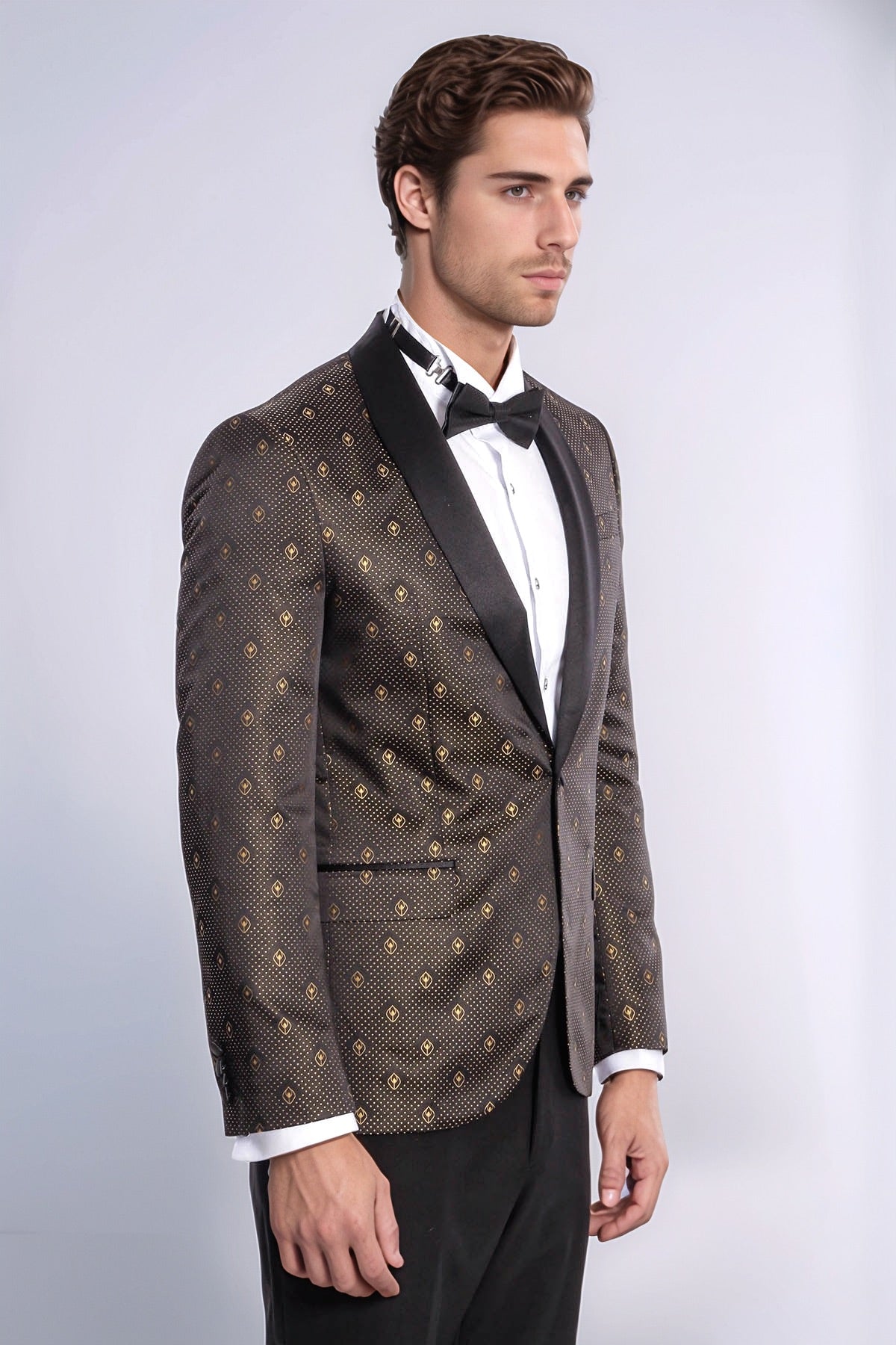 Shawl Lapel Gold Dot Patterned Over Black Men Tuxedo Blazer - Wessi