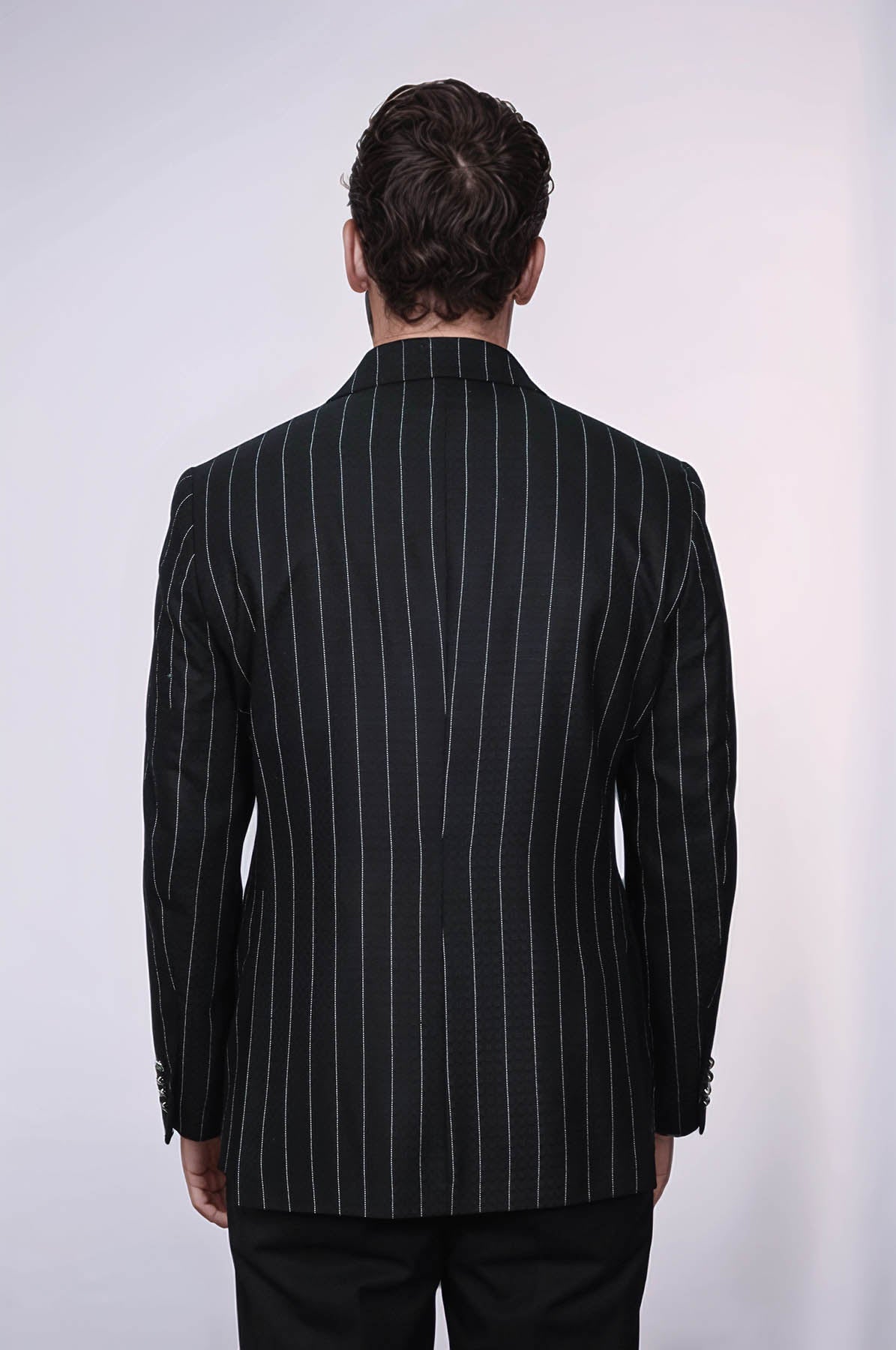 Double Breasted Slim Fit Striped Black Men Blazer - Wessi