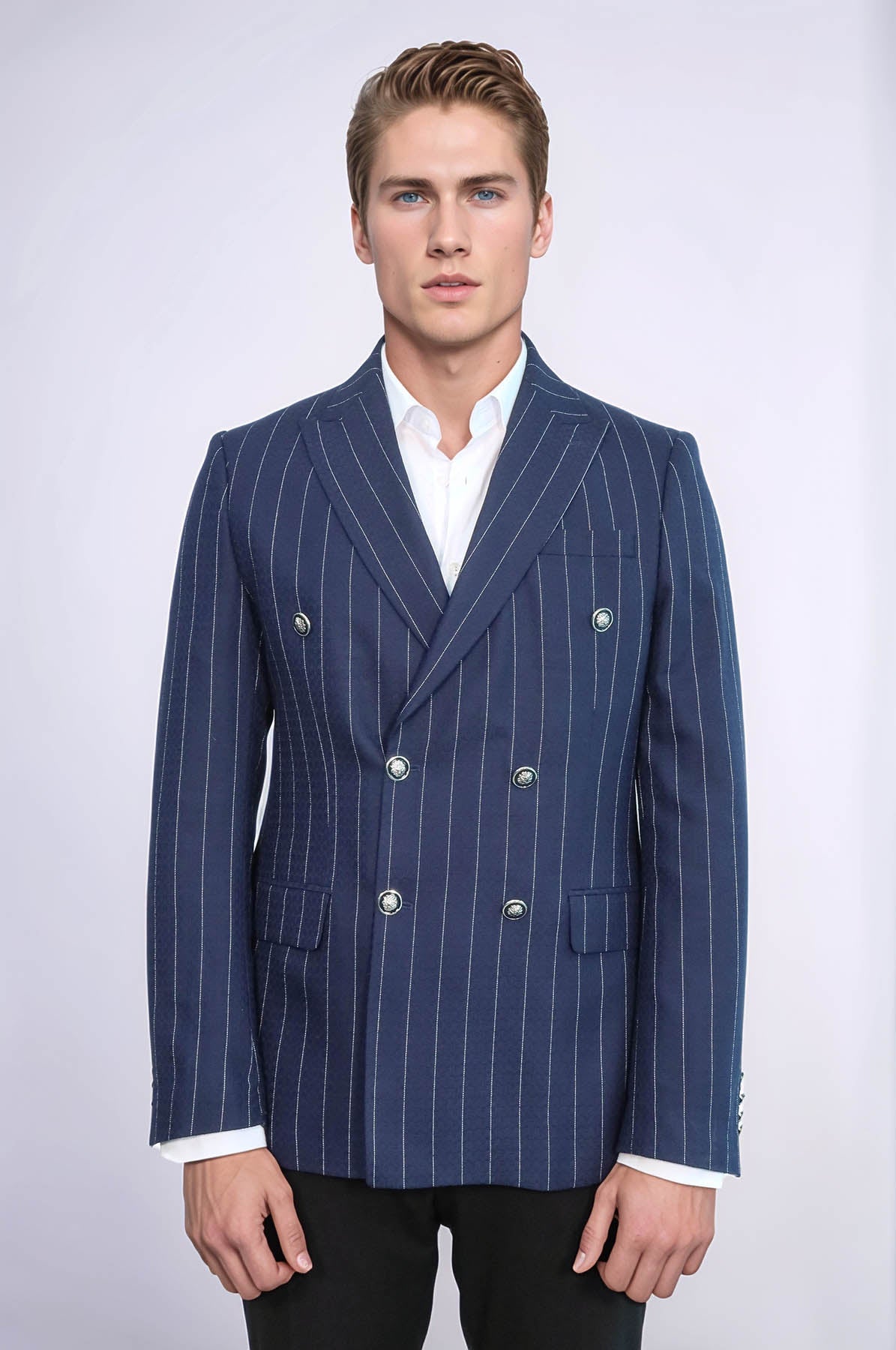 Double Breasted Slim Fit Striped Navy Blue Men Blazer - Wessi