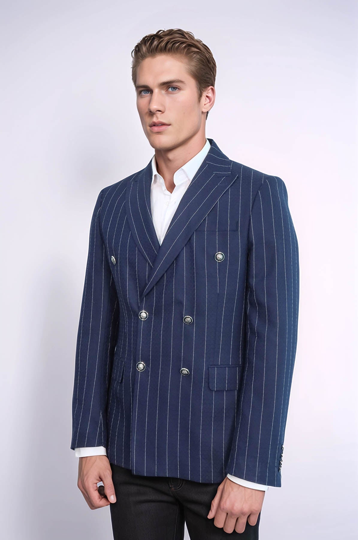 Double Breasted Slim Fit Striped Navy Blue Men Blazer - Wessi