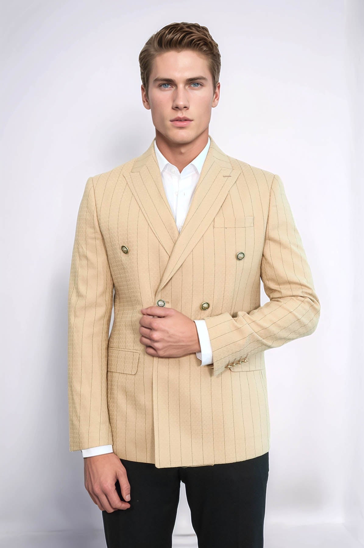 Double Breasted Slim Fit Striped Cream Men Blazer - Wessi