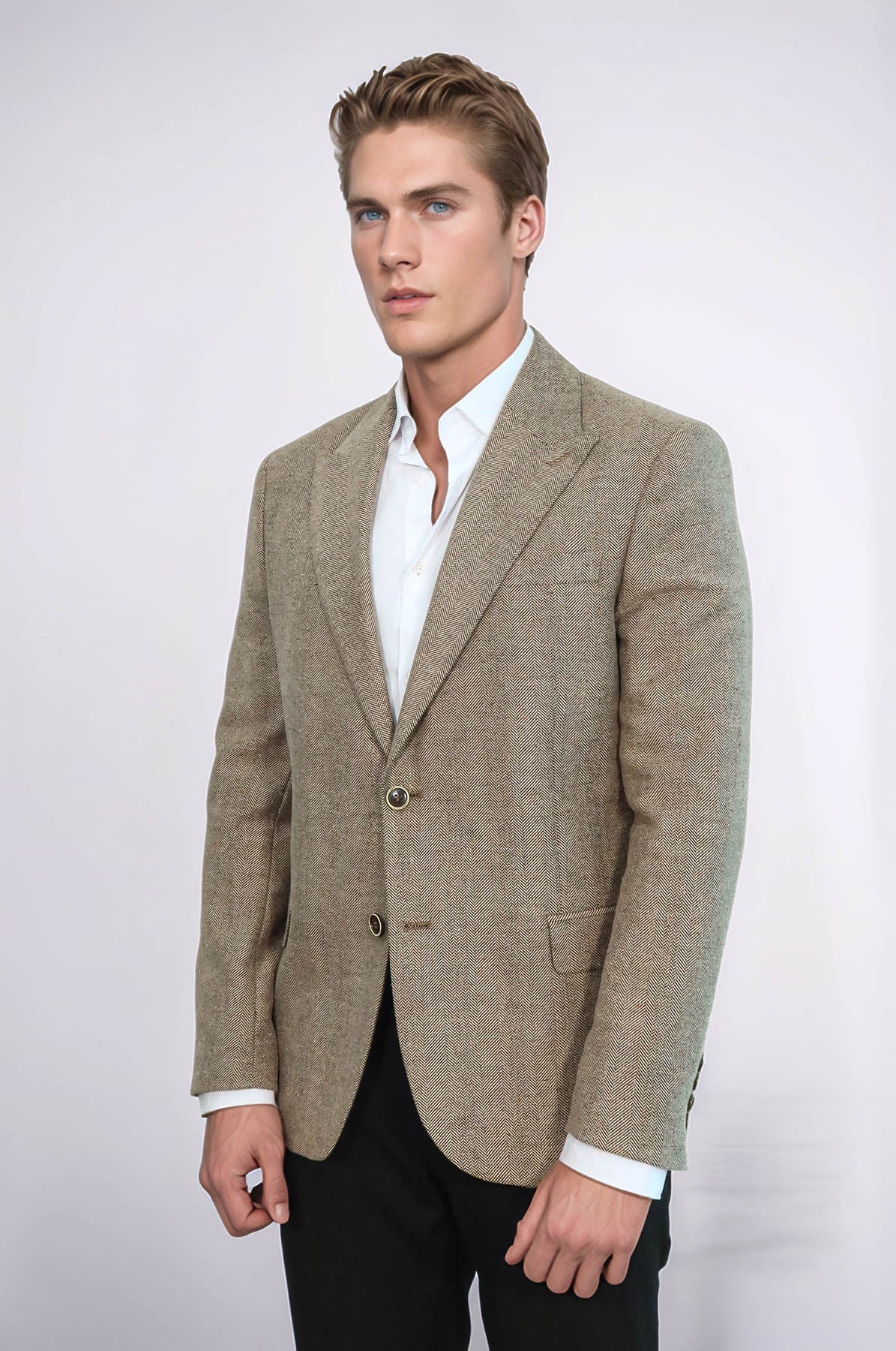 Houndstooth Pattern Wool Cream Men Blazer - Wessi