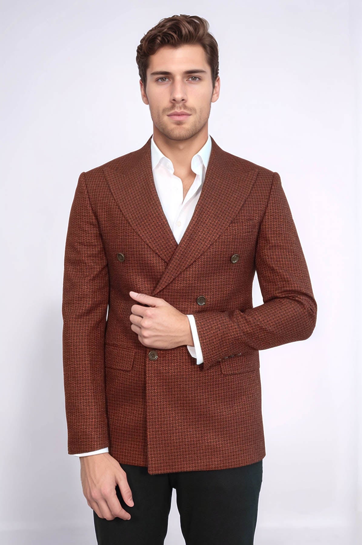 Houndstooth Patterned Brown Men Double Breasted Blazer - Wessi