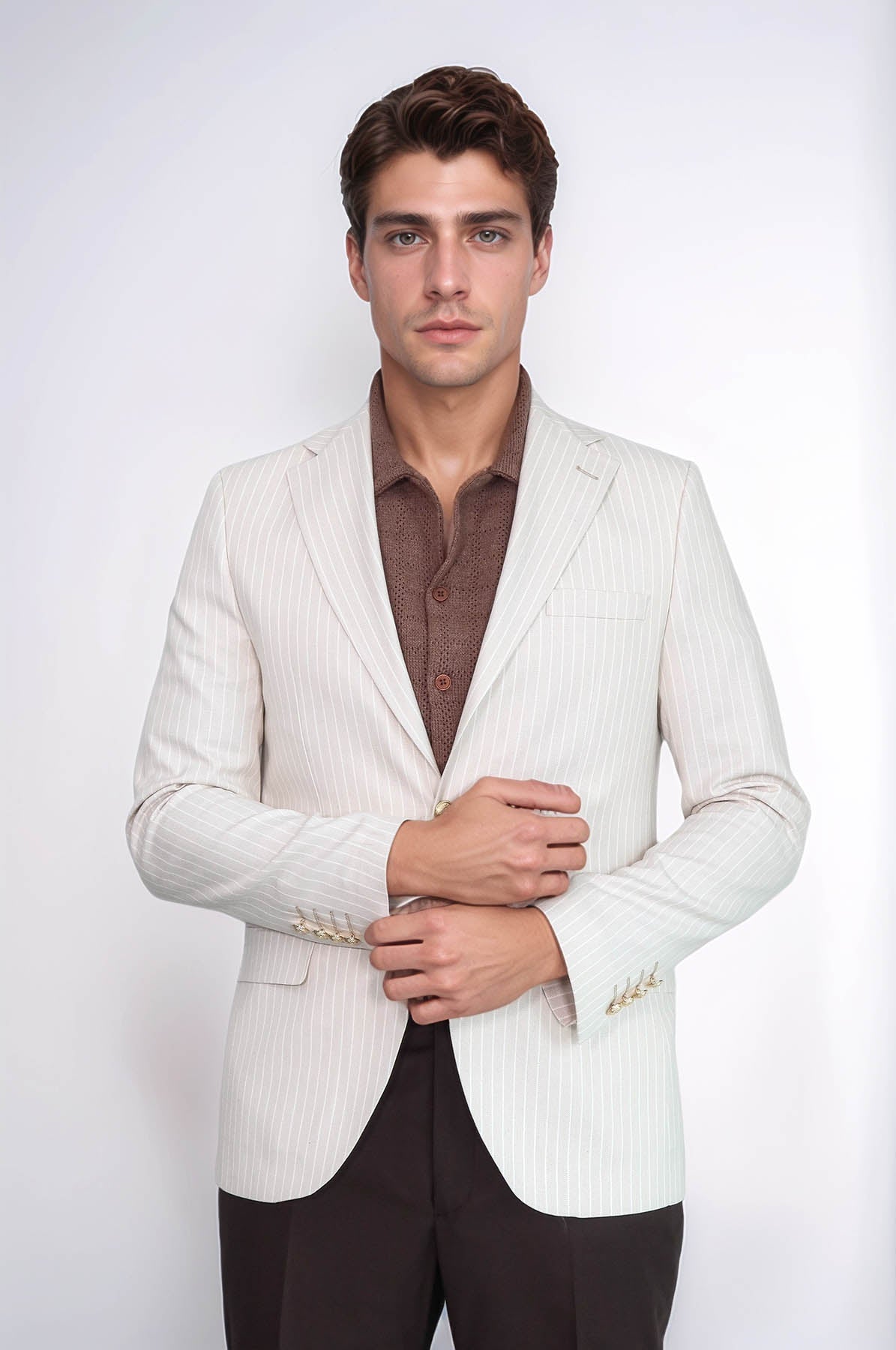 Cream Striped Linen Gold Metal Button Slim Fit Men&