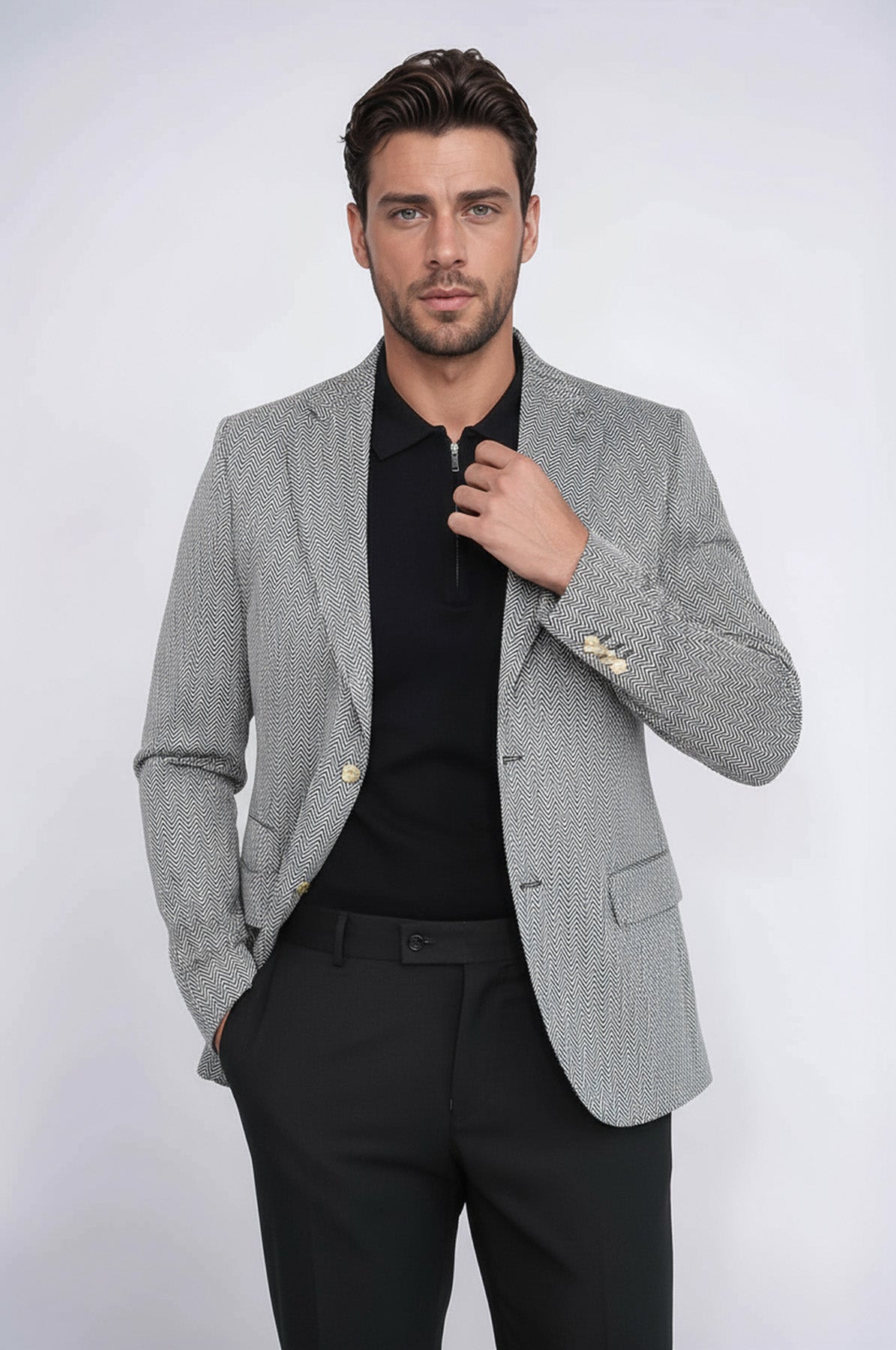 Black Herringbone Pattern Gold Metal Button Slim Fit Men&
