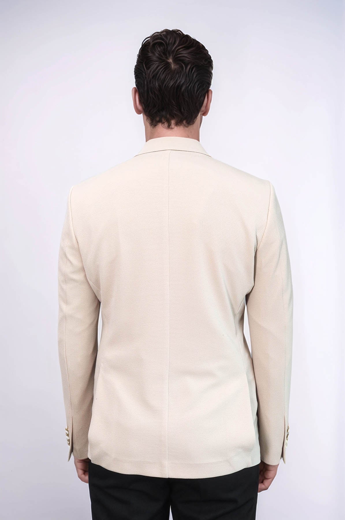 Beige Textured Gold Metal Button Slim Fit Men&