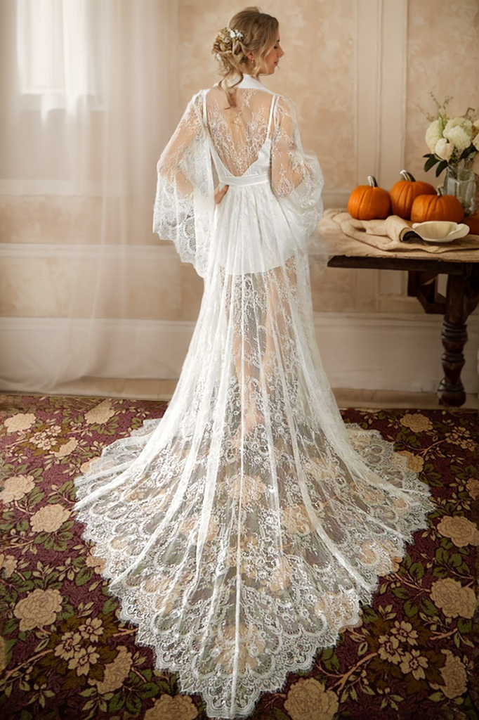 Chantilly Floral Lace Long Robe Set with Train - Next Day Shipping