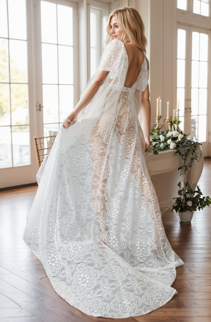 Chantilly Floral Lace Tulle Mesh Long Bridal Robe with Train