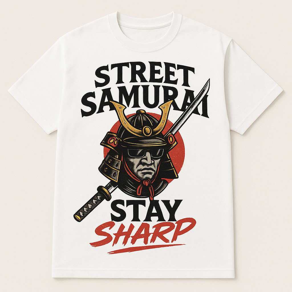 Street Samurai Graphic T-Shirt – Japanese Warrior Sword Design, White Cotton Tee