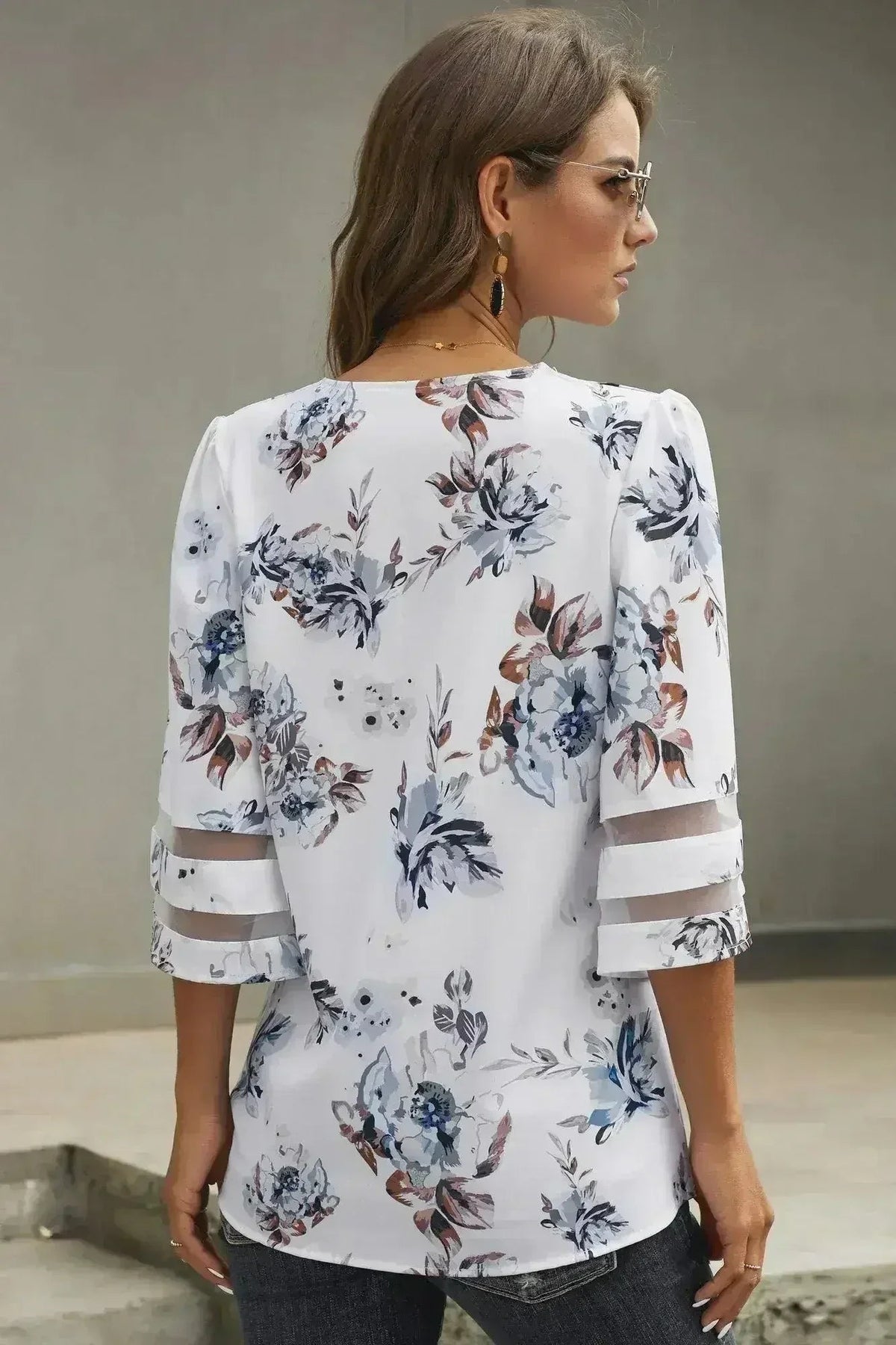 White Floral Blouse with 3/4 Flared Sleeves | Femstylo