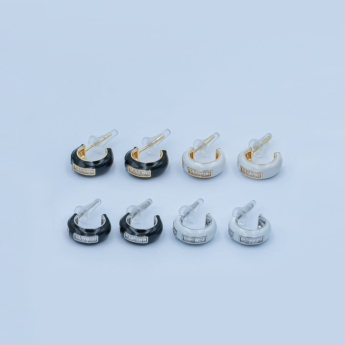 Black, White Enamel Baguette CZ C-Shaped Hoop Earrings in Gold & Silver | AE265 - AE73
