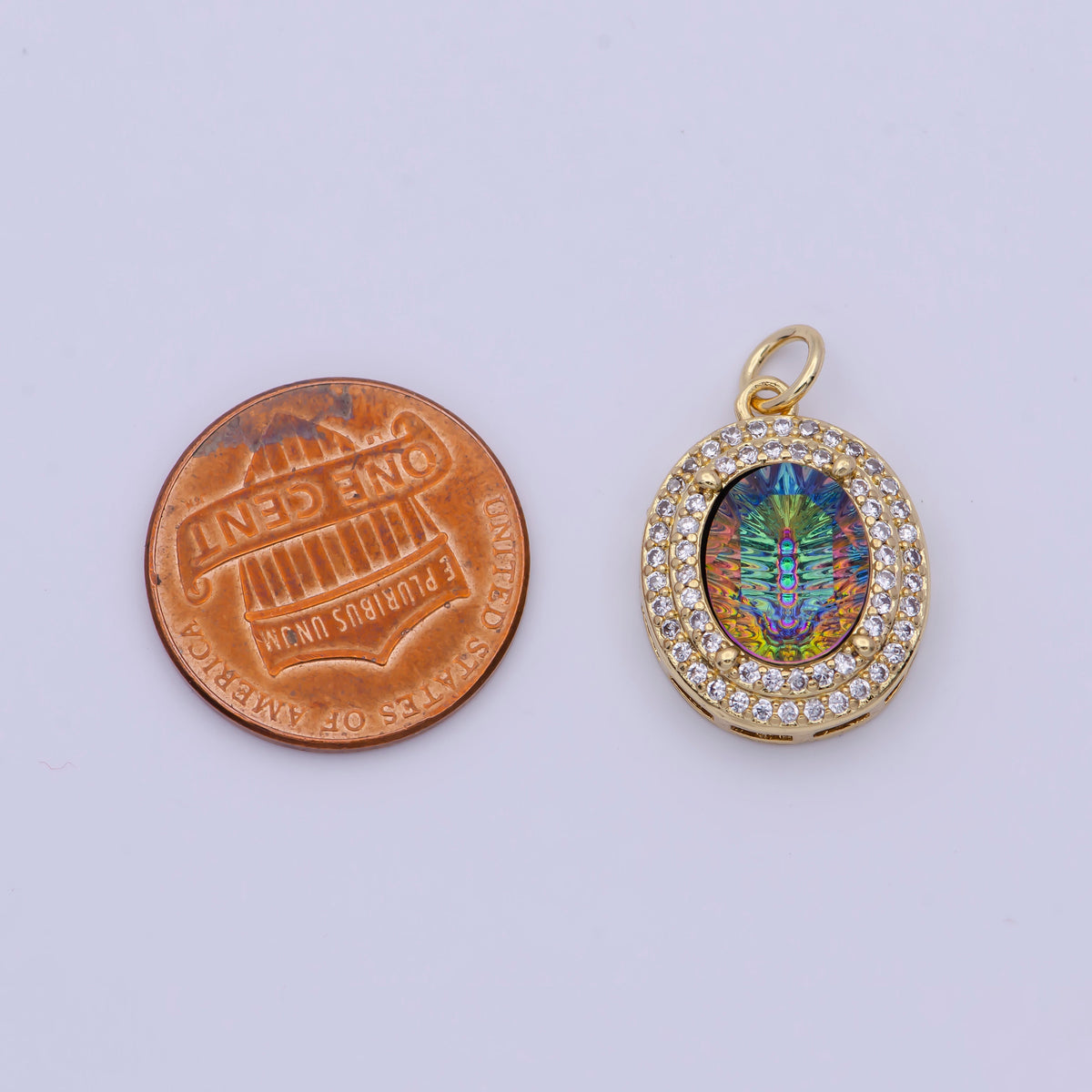 14K Gold Filled Multicolor, Purple, Yellow, Blue Iridescent Thermal CZ Micro Paved Oval Charm | AG070 - AG073
